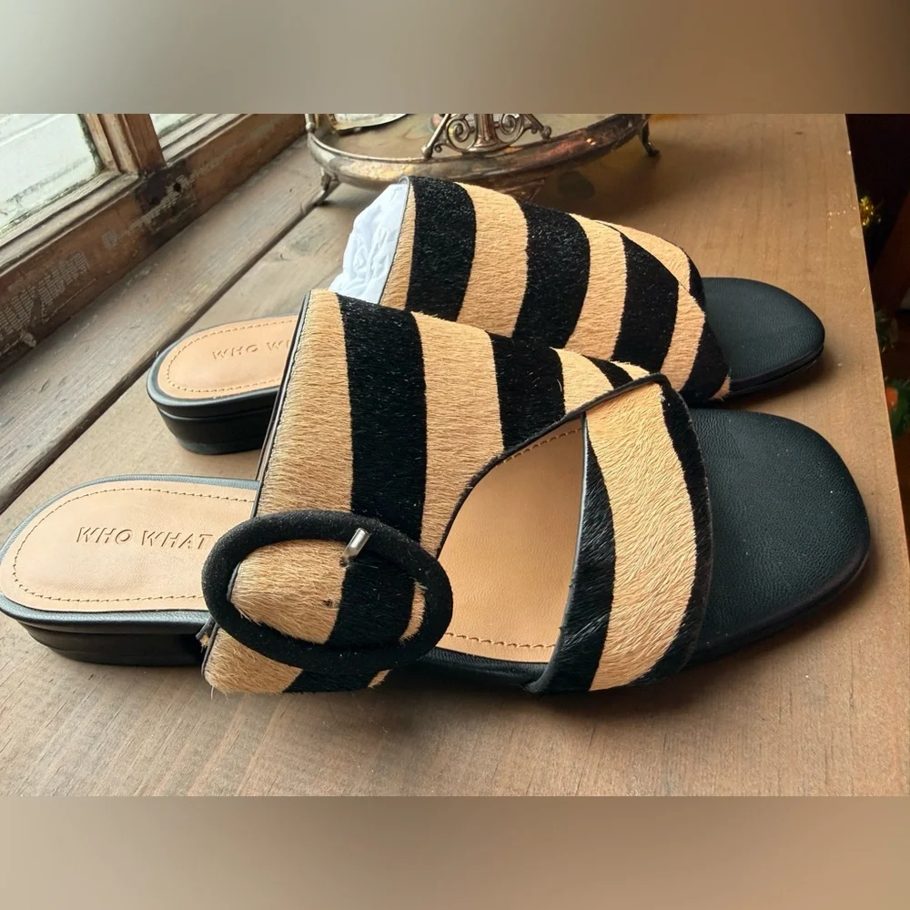 Who What Wear Black and Tan Zebra-Stripe Slide Sandals - Picture 2 of 7